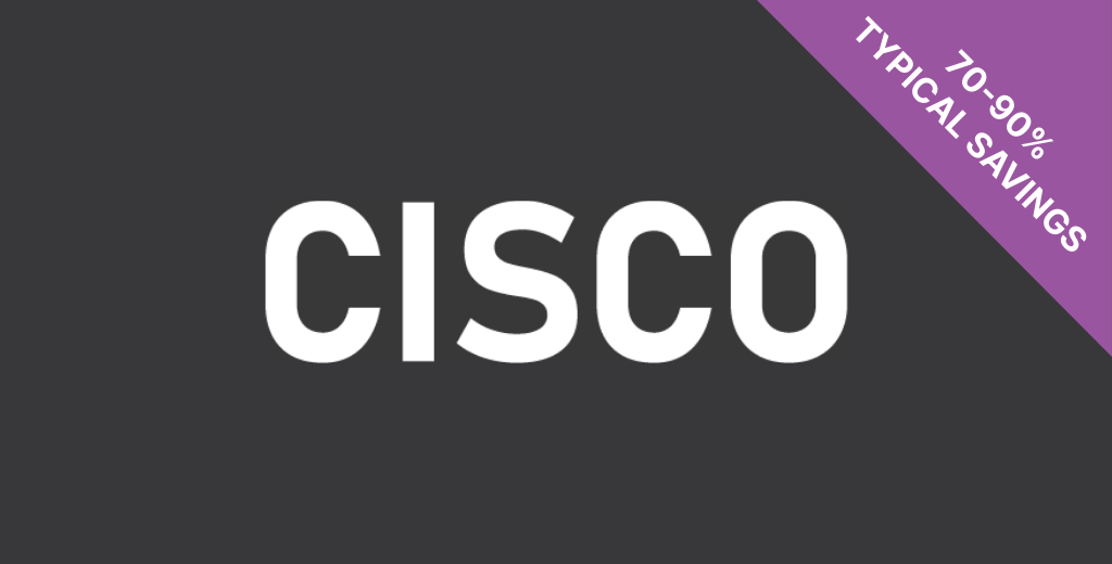 cisco-1 Das Cisco-Logo in Weiß mit einem violetten Banner mit der Aufschrift "70-90% typische Einsparungen".