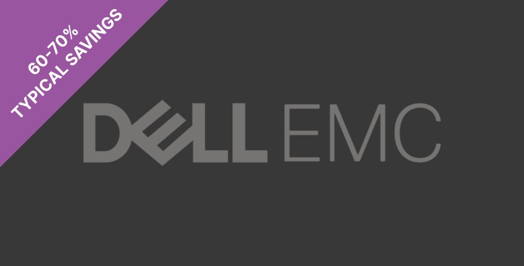 dist-emc Das Dell EMC-Logo in Grau mit einem violetten Banner mit der Aufschrift "60-70% typische Einsparungen".