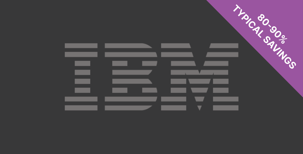 dist-ibm Das IBM-Logo in Grau mit einem violetten Banner mit der Aufschrift "80-90% typische Einsparungen".