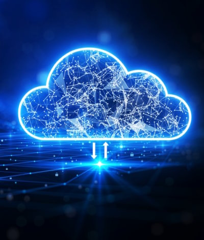 A computer generated image depicting the blue neon outline of a Cloud, filled with interconnecting lines of light.